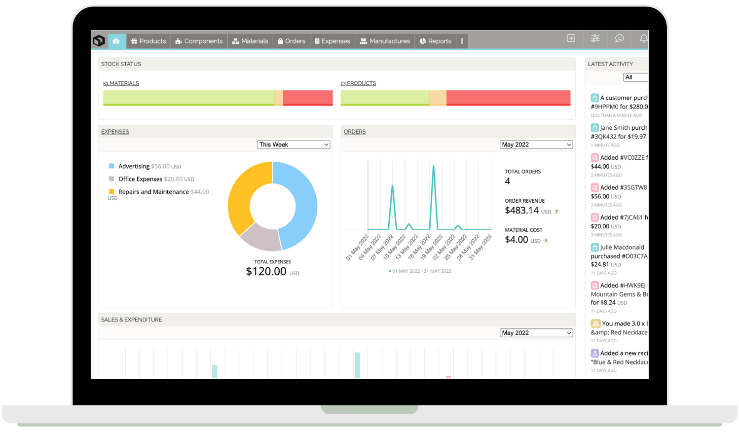 Craftybase Inventory + Bookkeeping dashboard showing inventory management capabilities